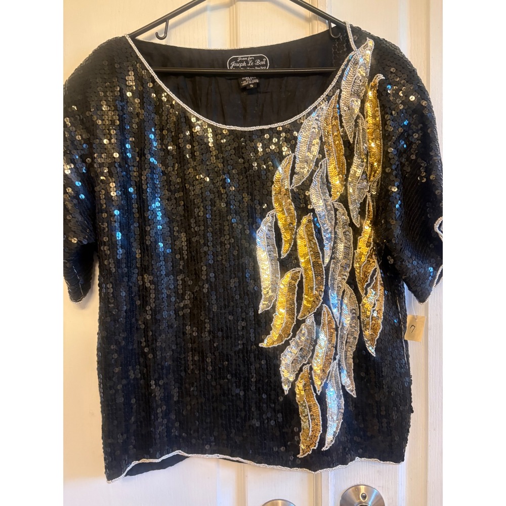 Jean for Joseph Le Bon Vintage Silk Sequin Blouse Black Gold Silver Feather S - Picture 2 of 8